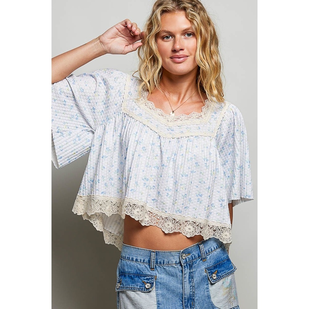 POL Floral Print Lace Trim Blouse - Pale Blue - Large - Picture 4 of 6